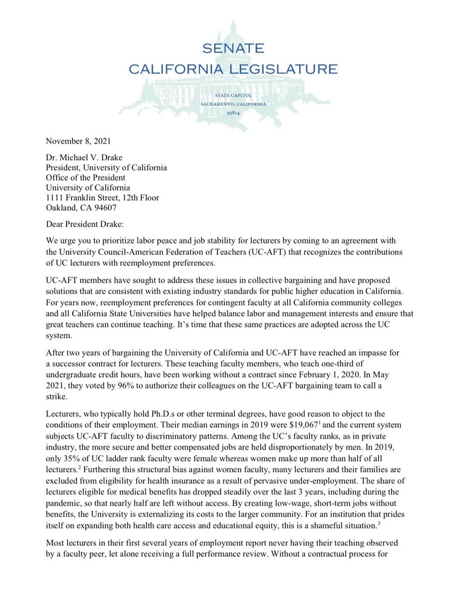 UCAFT's tweet image. BREAKING: @SenDaveMin, who taught @UCIrvine, along with nine (9) Senators sent a letter today to @UCPrezDrake urging the @UofCalifornia President to opt for labor peace and job stability for #lecturers by coming to an agreement with UC-AFT teaching faculty.