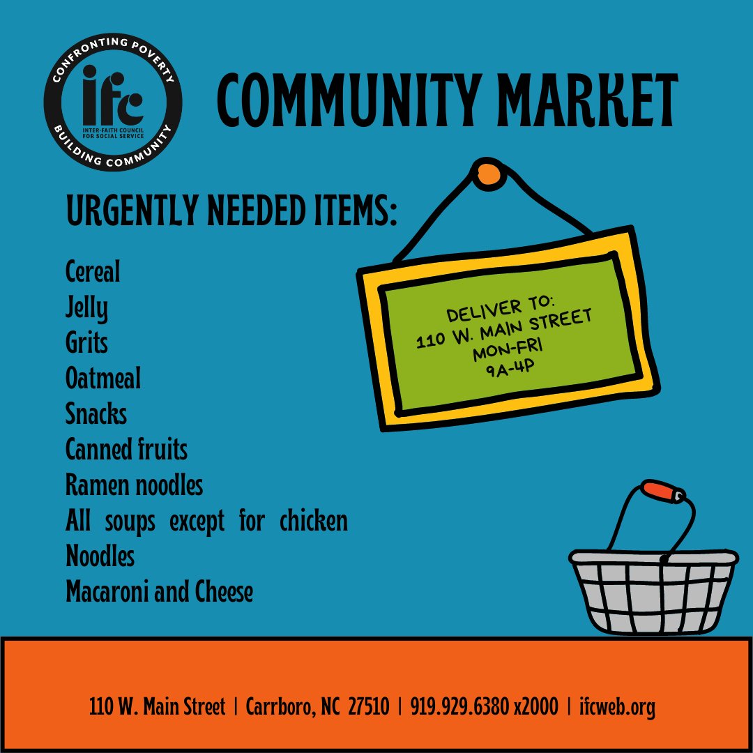 So, when you're out tomorrow dining at an RSVVP-participating restaurant, maybe pick up a few items that are needed by local families who shop in the Community Market. Items may be delivered Mon-Fri between 9a-4p at IFC Commons, 110 W. Main Street in Carrboro.