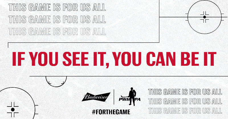 BudweiserCanada's tweet photo. We believe that this game is for us all. We call on hockey fans to support our goal of equal representation and greater visibility for women’s hockey, both on and off the ice. #FortheGame