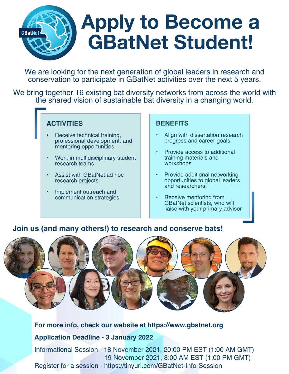 GlobalBatNet's tweet photo. Are you a student who is interested in bat research &amp; conservation?

Then apply and join GBatNet! 

We have funding for 5 yrs of activities to grow the networks, do novel integrative research, and do student capacity building. 

Please circulate this solicitation widely! https://t.co/TW6CVkNFYx