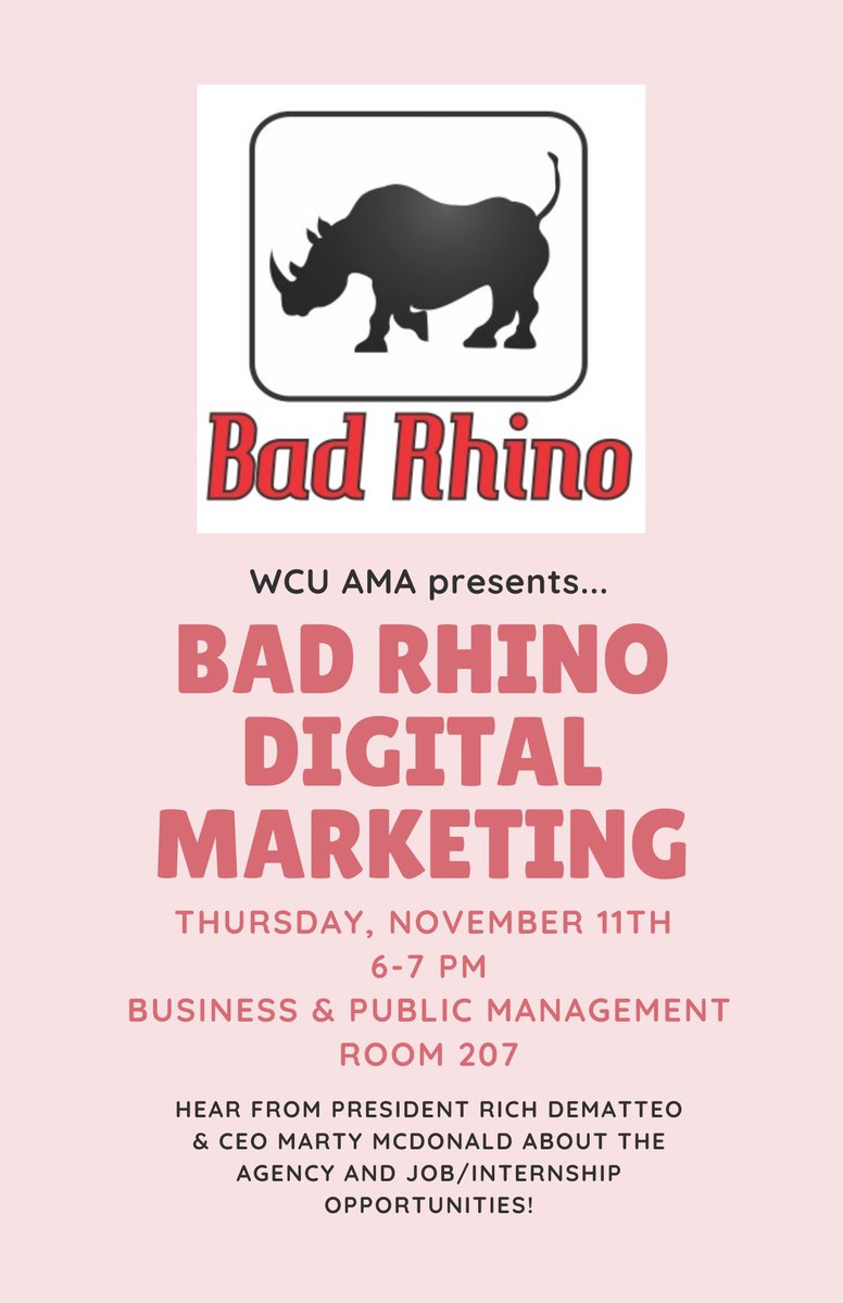 wcu_ama's tweet photo. If you answered no or you’re interested in learning about digital marketing agencies, come check out Bad Rhino’s presentation for AMA this Thursday! 🦏 https://t.co/AE6Z2827qh