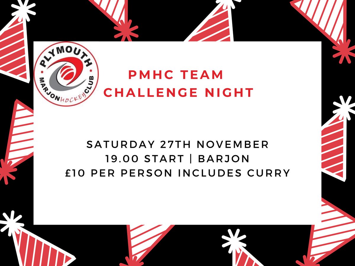 ⚠ Reminder ⚠
The PMHC Team Challenge social is drawing closer and final numbers with payments are due by the end of week! An evening of silly games and fun team challenges awaits, with all ages from all teams welcome 
£10 payment  to the club account ref - surname &amp; quiz.