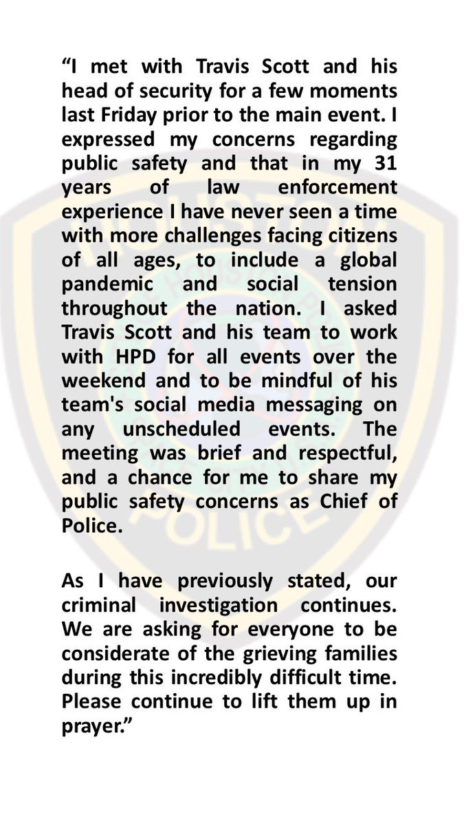 XXL's tweet photo. JUST IN: Houston Police Department releases statement confirming the Chief of Police met with Travis Scott and warned him of public safety concerns regarding Astroworld Fest ahead of the event https://t.co/ovQd7ThCoP