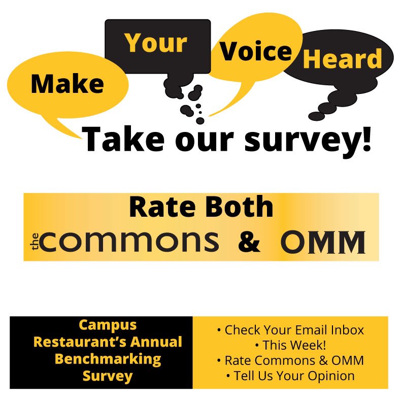 pludining's tweet image. Not only does your input inform how we serve you — it also compares us against other University foodservice organizations across the country. 

When you see the email, PLEASE click on the link and spend a few minutes rating Commons and OMM!!
