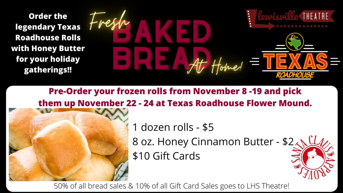 LewisvilleThtre's tweet photo. Lewisville Theatre students are selling frozen Texas Roadhouse rolls &amp; cinnamon butter! 
We are also selling Tx Roadhouse Gift Cards! Perfect stocking stuffers for Christmas!

Click here to order online: https://t.co/lBcKaURn7v

Spread the word to your networks! https://t.co/Qe1Ai490Da