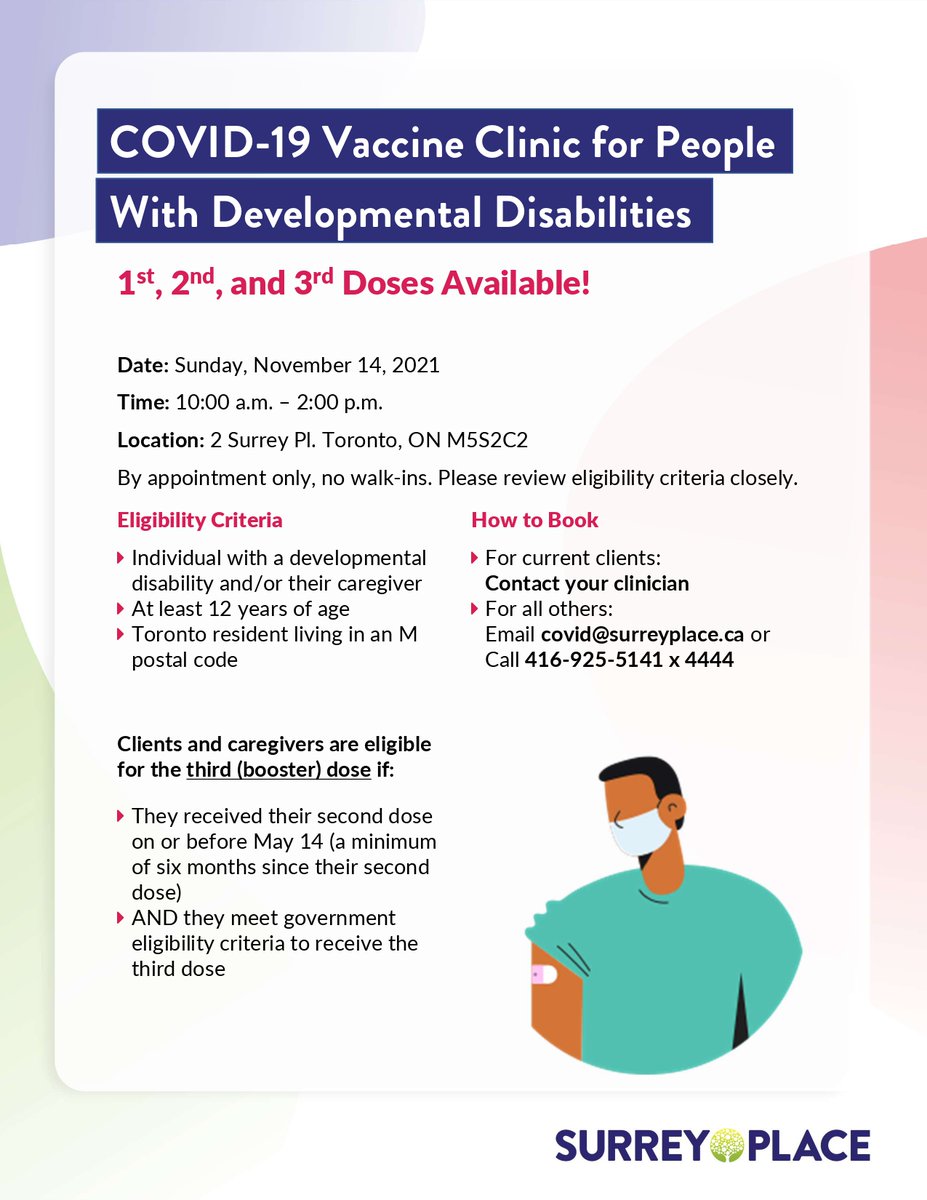 SurreyPlaceON's tweet photo. 📢 On November 14, we're hosting another #COVID19 vaccine clinic for people with developmental disabilities and their caregivers! Third (booster) doses are available for those who are eligible. By appointment only, no walk-ins. See below for how to sign up &amp; more info! https://t.co/x2ClWbt7Xw