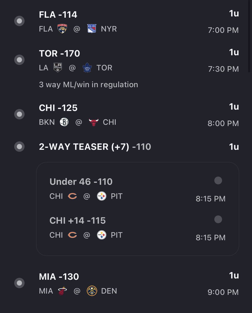 FREE PICKS FOR TODAY!
Florida Panthers ML
Maple Leafs 3-way ML
Chicago Bulls ML
Miami Heat ML
Bears +14/Under 46

#FreePick #FreePicks #SportsBet #SportsBetting #SportsTwitter #SportsGambling #NFL #NBA #NHL #FreeBets #SportsPick #MNF #FreeMoney https://t.co/7Zi8h68ofr