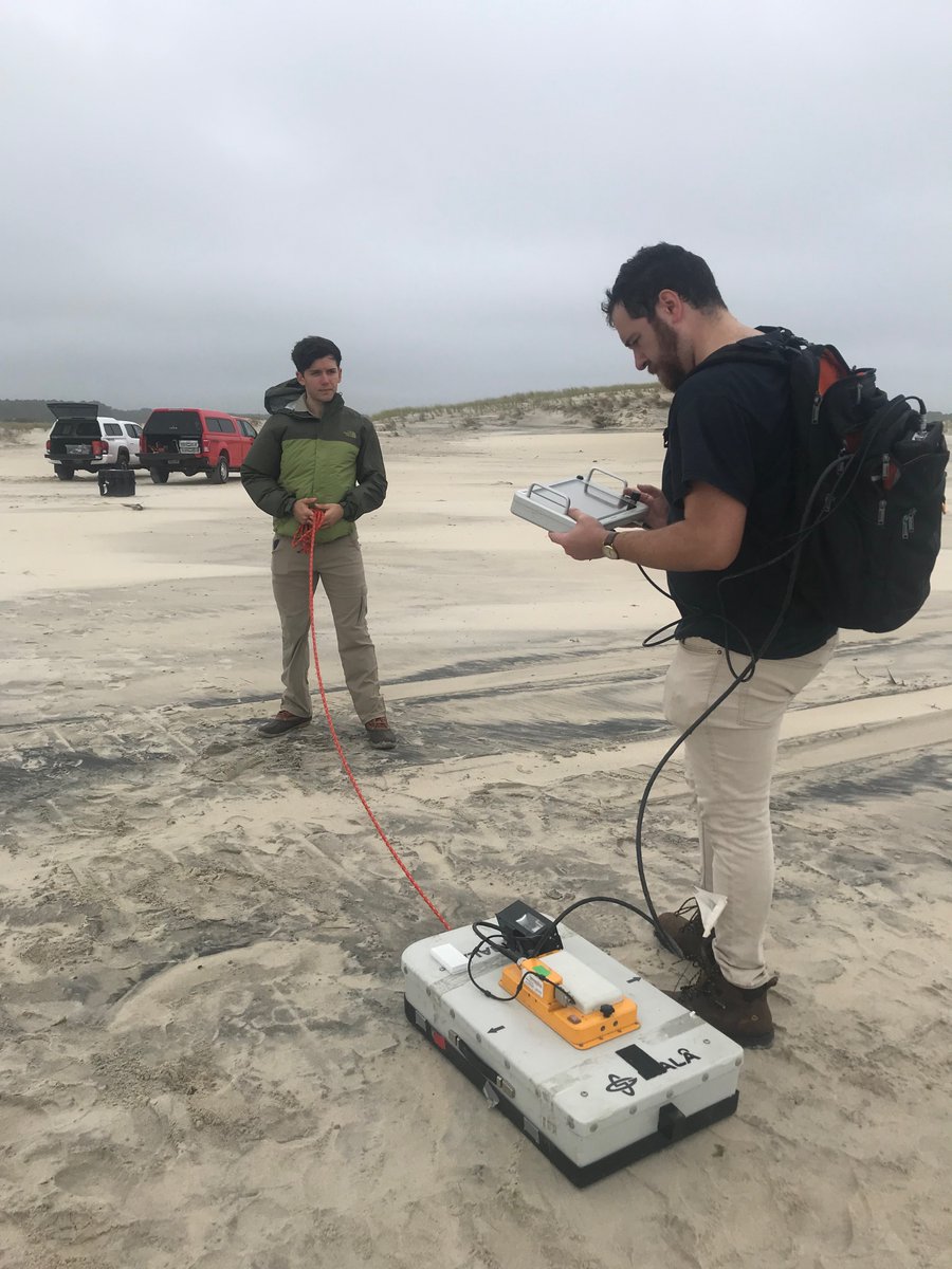 RUNgeophysics's tweet photo. Our @TerraOnTheRocks using ground penetrating radar on Assateague Island to investigate saltwater infiltration dynamics in hopes of improving accuracy and resolution of hydrologic models (see last photo for some impressive wildlife research we ran into!): https://t.co/sgeONfmB7c