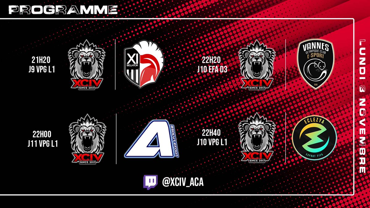 EsportXCIV's tweet photo. 🔴 MATCHDAY ⚫

@VPGFrance_ Ligue 1 

🆚️ @XIBellator_fr 
🆚️ @Absolut_eFoot 
🆚️ @eclezya_fifa

🏆 @eSportFA_FR Division 3
 
🆚️ @VOC_Academie 

📺 Rendez-vous dès 21h sur notre chaîne https://t.co/g0iuwkI08U https://t.co/8LjNtLf3bv