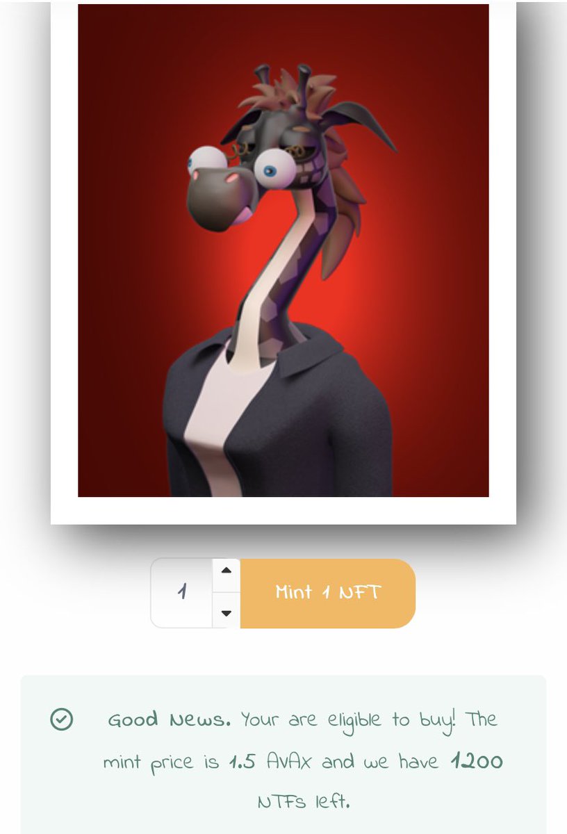 Boredgiraffes's tweet photo. We are live guys go and mint your Boredgiraffe at our official website -

https://t.co/EEVtSz6F6H

Don’t click on any other link , our mint is only through our website 

All whitelisters and $png , avaxapes holders can now mint !!! https://t.co/qcUbAkUTuj