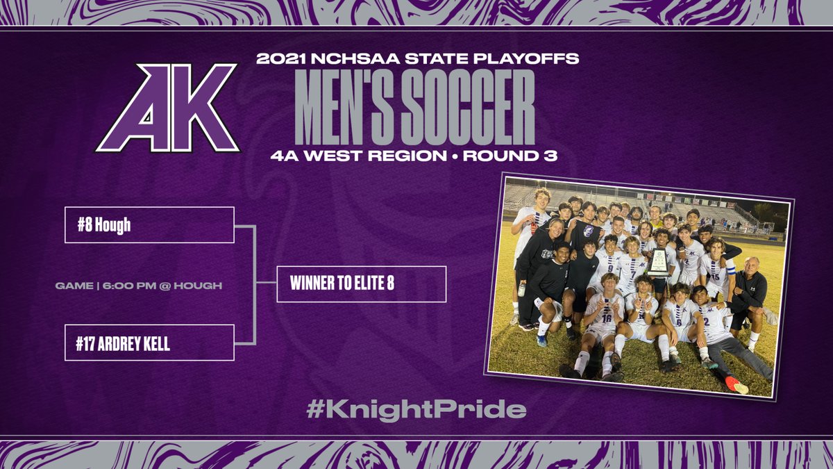AK Men's Soccer travels to Hough tonight for the 3rd Round of the NCHSAA 4A State Playoffs looking for a berth to the Elite 8!  LETS GO KNIGHTS!
#KnighPride
