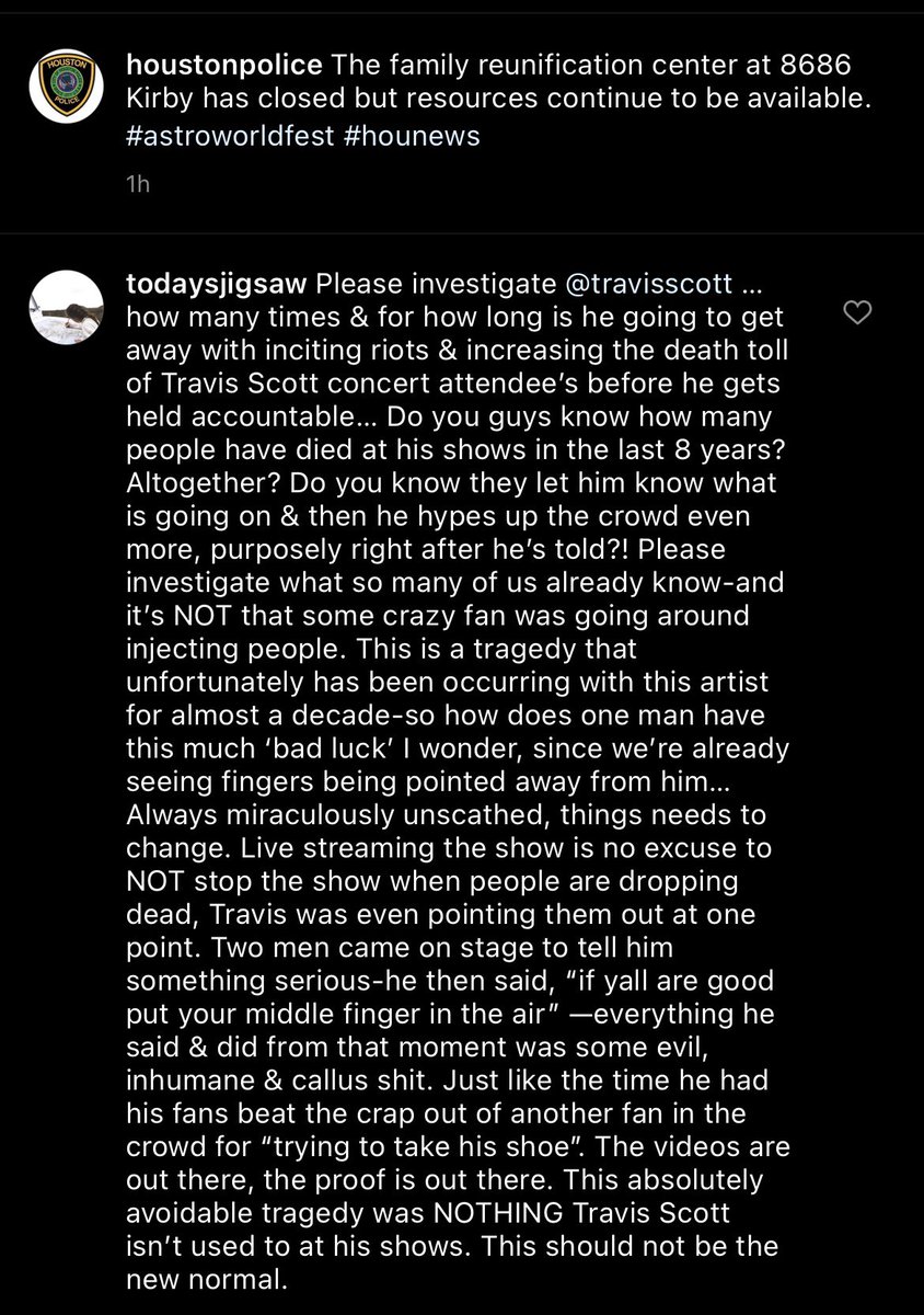 tellmeaboutet's tweet photo. Comment left on Houston police instagram acc 👏🏼👏🏼
#ASTROWORLDFest #TravisScott #hounews #troyfinner #travisscottconcert #travisscottritual #SatanicRitual #TravisScottISOVERPARTY https://t.co/IrdtTlXiFt