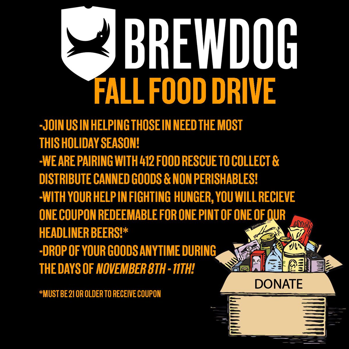 BrewdogPitt's tweet photo. Help us help you help those in need this holiday season! Starting today and running through Thursday, we are holding a food drive with help from our friends at @412foodrescue ! Bring in a donation of canned goods, or any non-perishables… https://t.co/oeWK5LRhum