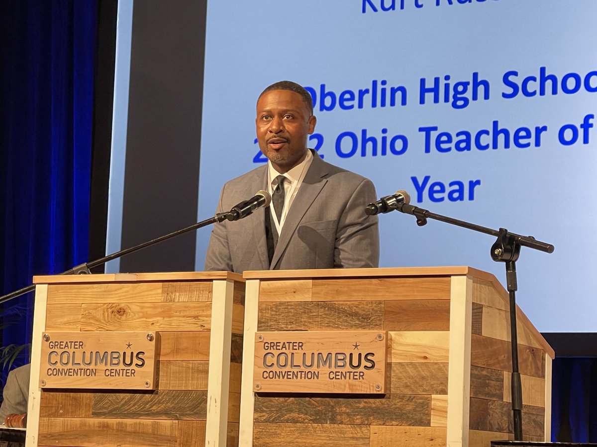 2022 Ohio Teacher of the Year Kurt Russell ⁦<a href="/OberlinSchools/">Oberlin City Schools</a>⁩ tells the OSBA Delegate Assembly: “We are making history right now because for the first time, a black male who has been awarded teacher of the year is speaking to you today.” #ieducateohio #osbacc