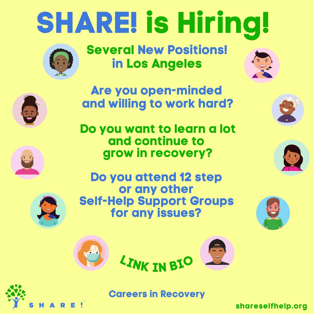 shareselfhelp's tweet photo. NEW Open Positions at SHARE! in #LosAngeles❗
Visit the Careers page at https://t.co/2ieajm7WSZ
➡️ https://t.co/I2Yjwwjzcx
#SHAREselfhelp #supportgroup #supportgroups #recovery #mentalhealth #addiction #hiring #peerrun #peersupport #peerspecialist #soberlife #12step #hiring https://t.co/8yOgh8UoZz