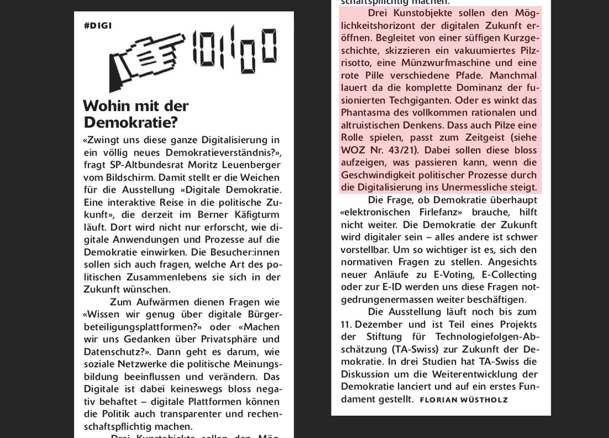 Unsere Objekte zu digitale Demokratie gesichtet in der <a href="/Wochenzeitung/">WOZ</a> cc <a href="/flowuestholz/">Florian Wüstholz | @flowuestholz@infosec.exchange</a>!
Die Ausstellung der <a href="/taswiss/">TA-SWISS (@taswiss@mastodon.social)</a> Studien läuft noch bis am 11. Dez im <a href="/PolitForumBern/">Polit-Forum Bern</a>.