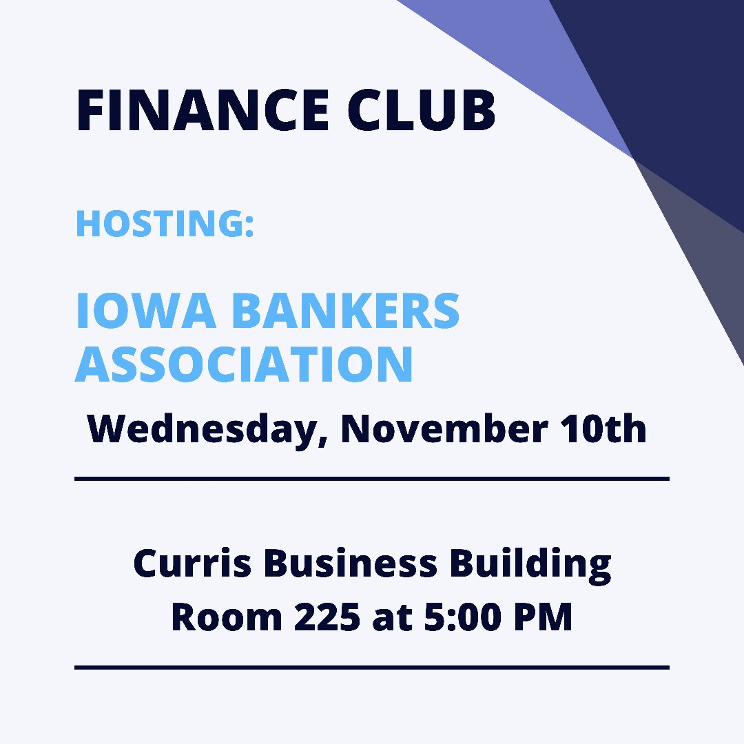This Wednesday at 5 pm we will be joined by Iowa Bankers Association. They will be talking about the banking industry and also discussing the Commercial Lending Certification.

Hope to see you all there!