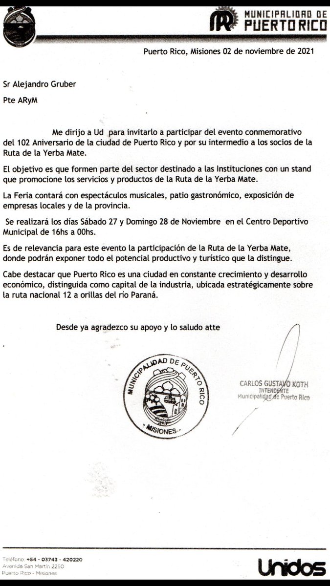 Invitación del Int. PtoRico Mnes #CarlosKoth a los socios <a href="/RutaYerbaMate/">Ruta de la Yerba Mate</a> a participar con Stand gratuito en la Feria del 27-28 Nov con espectáculos musicales, artísticos, patio gastronómico por los festejos del 102 Aniversario de la Capital de la Industria
noticiasdelaruta.blogspot.com/2021/11/invita…