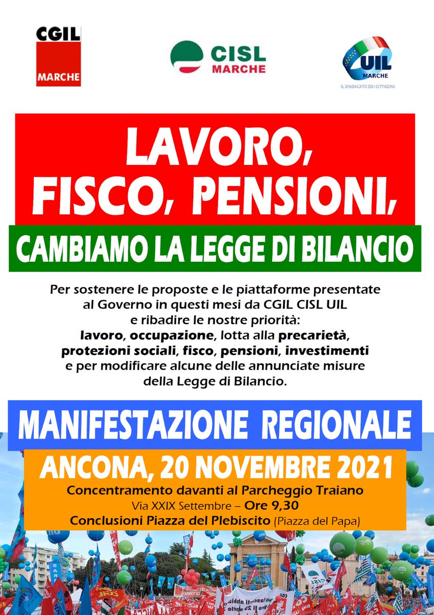 🟥 AL VIA NELLE MARCHE LA MOBILITAZIONE PER FISCO, PENSIONI E LAVORO. Manifestazione regionale
#CgilCislUilMarche ad #Ancona per cambiare la legge di bilancio e rilanciare le proposte su #fisco, #pensioni e #lavoro. <a href="/cgilnazionale/">CGIL Nazionale</a> <a href="/collettiva_news/">Collettiva</a>