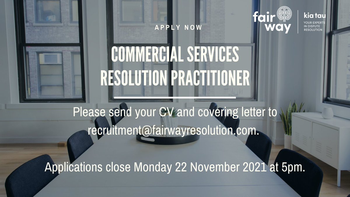 Fair Way are hiring!
We are currently looking for a Resolution Practitioner to join our Commercial Services team. Open to applications in Auckland, Wellington and Christchurch. More details via the link: fairwayresolution.com/working-at-fai…