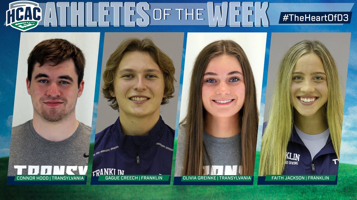 HCACDIII's tweet photo. HCAC Men's &amp; Women's Swimming and Diving | Athlete of the Week

Congrats to:
Men's Swim: Hood, @TransySports
Men's Diving: Creech, @FCGrizAthletics
Women's Swim: Greinke, @TransySports
Women's Dive: Jackson, @FCGrizAthletics

https://t.co/BtpcqhMa3E

#TheHeartOfD3 #D3Swim https://t.co/zQfiHoC71z