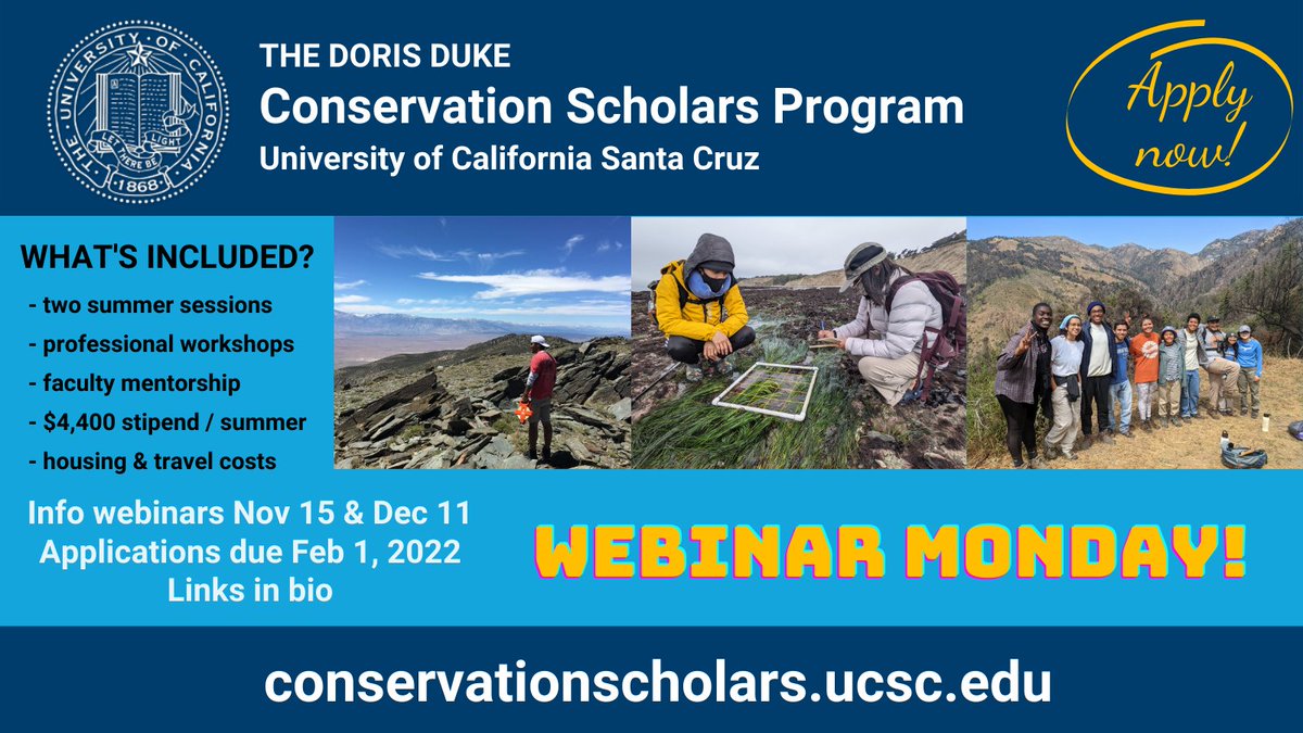 UCSC_Doris_Duke's tweet photo. Calling undergraduates! Join other emerging conservation leaders for two summers of immersion in conservation research, practice, and leadership.  $4,440+travel each summer!  App WEBINAR this Monday, due Feb 1st. 
 All this info @ https://t.co/TgKJihVIy1 https://t.co/suCFxM6r9N