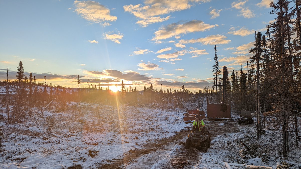TroilusMining's tweet photo. A beautiful sunset at one of our drill sites in the Southwest Zone. Winter is already in the air (and on the ground!). Did you know that we're able to drill all Winter? The frozen ground allows us to get to areas that would be inaccessible in the Summer. #TroilusGold $TLG #CHXMF https://t.co/ah10af4jvI