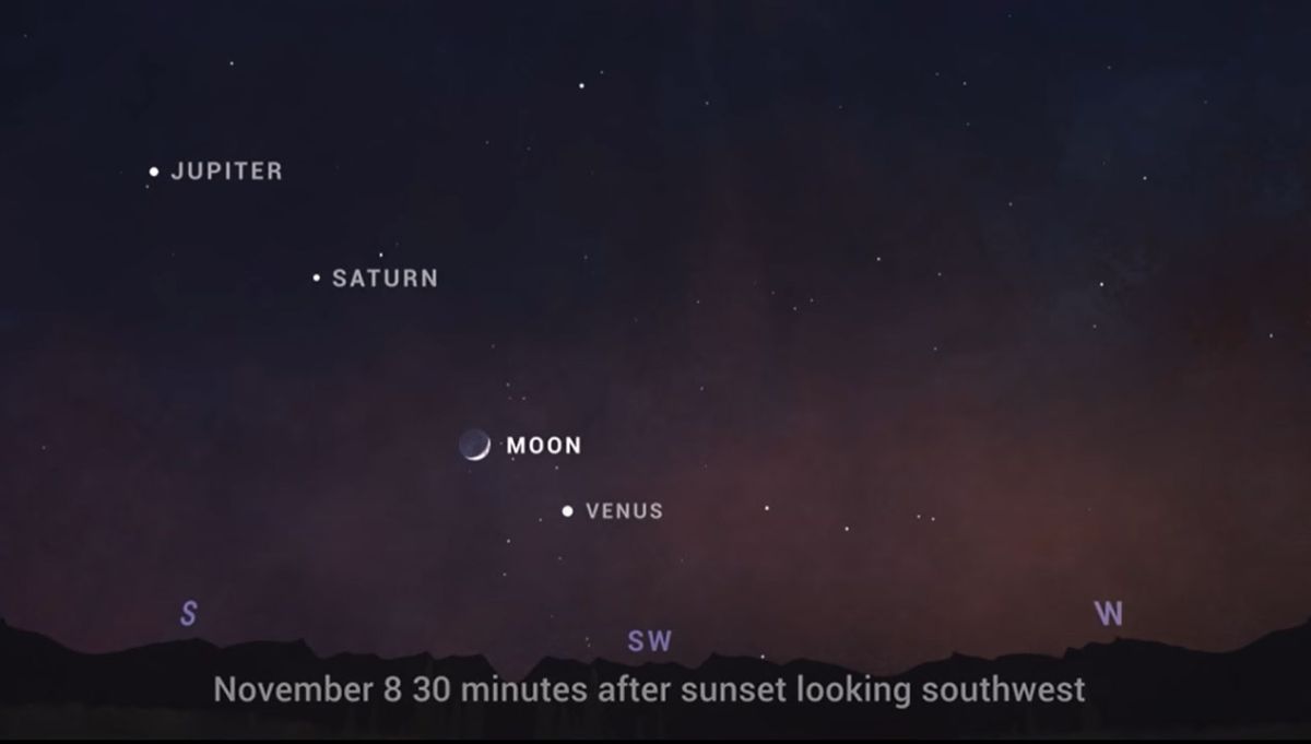 SPACEdotcom's tweet photo. You can see the moon line up with bright Venus, Jupiter and Saturn in the sky tonight https://t.co/S5qS948JXl https://t.co/4zcNWqheWB