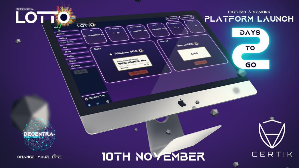 Crypto10101's tweet photo. 2 more days and Decentra-Lotto is open for business - $DELO is the native token of the #Decentra ecosystem Get in early and stake or buy a ticket to enter 🔥🔥🔥 
$DELO $BTC $ETH $ADA $BNB $USDT $SOL $XRP $DOT $USDC $DOGE $LUNA $UNI $AVAX $BUSD $LINK $LTC $ALGO $BCH $WBTC https://t.co/kX6jgWYnAw