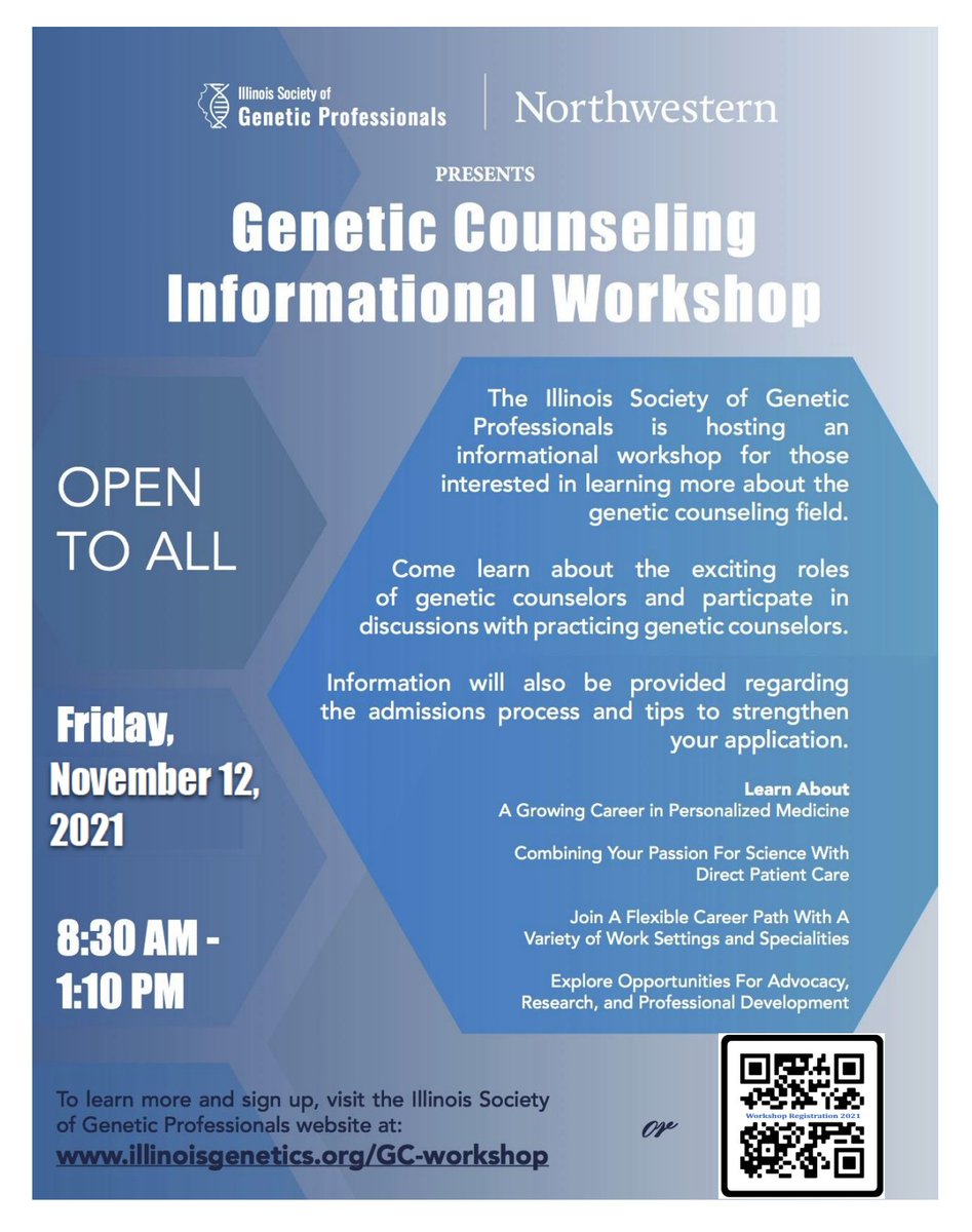 PSA for #GCchat: <a href="/GeneticsIL/">ISGP</a> &amp; <a href="/NUGCprogram/">Northwestern GPGC</a> are hosting a Genetic Counseling Informational Workshop this Friday! Spread the word to register: illinoisgenetics.org/GC-workshop