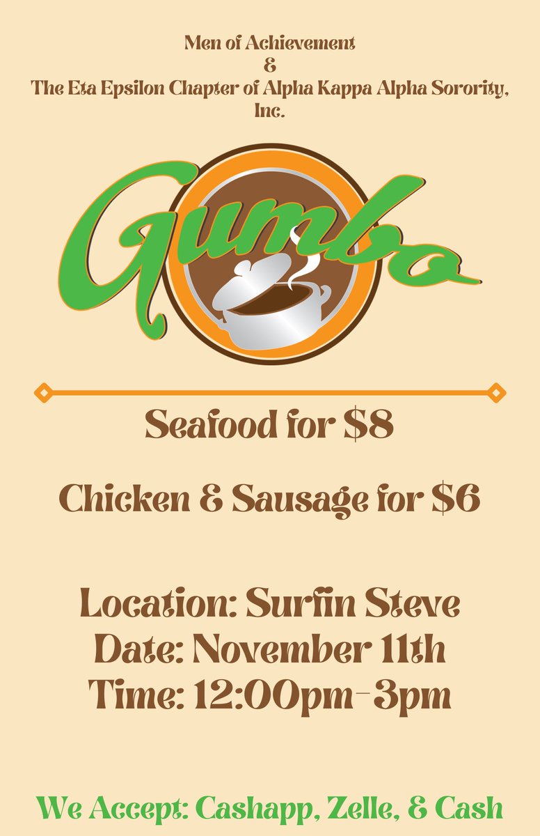 We are partnering with <a href="/SFA_AKAs/">Eta Epsilon</a> to bring the yard some gumbo! Come see us on Thursday! 

DM us if you have any question…
