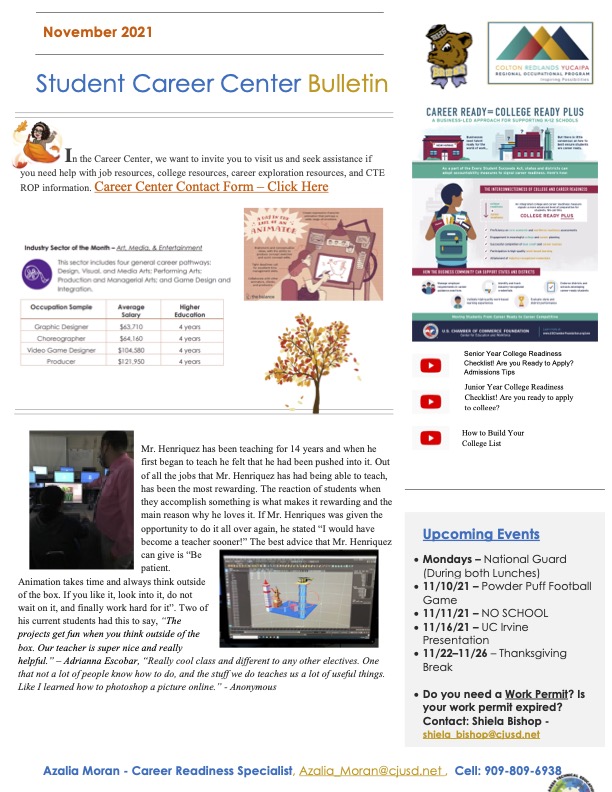 The beginning of the month is here, which means the BHS Student Career Center Bulletin is set in gear! Compact with resources, upcoming events, industry sectors of the month and more! For more monthly updates and resources visit, docs.google.com/forms/d/e/1FAI…. #CJUSD #cjusdcte