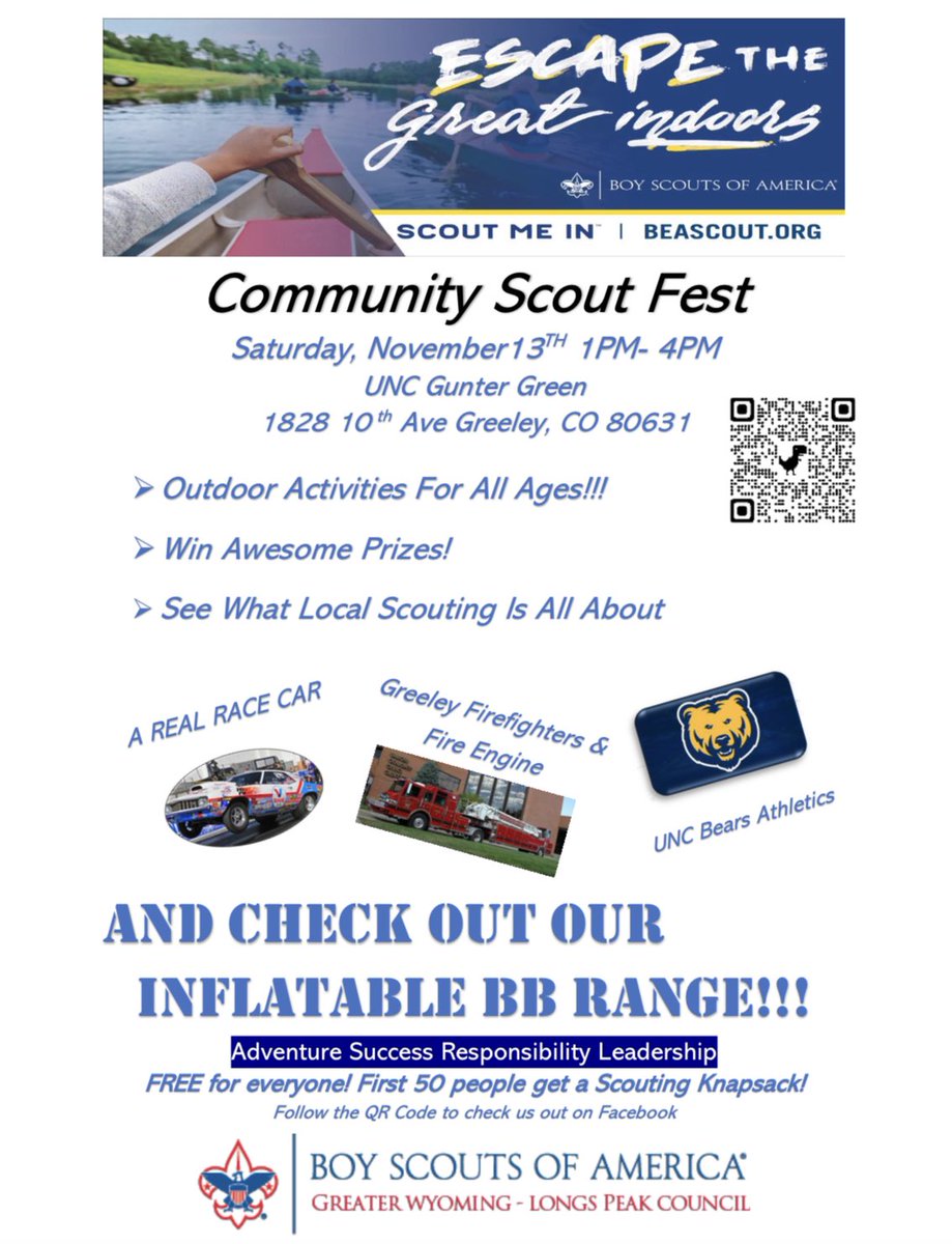 UNCOEvents's tweet photo. Come on out to the Community Scout Fest this weekend!!
@boyscoutsofamerica 

When: Saturday, November 13th, 1pm - 4pm
Where: Gunter Green 

#unco #uncoevents #uncobears https://t.co/K7ig2Q850h
