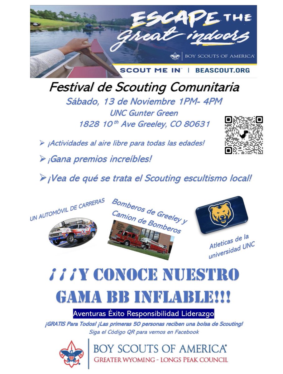 UNCOEvents's tweet photo. Come on out to the Community Scout Fest this weekend!!
@boyscoutsofamerica 

When: Saturday, November 13th, 1pm - 4pm
Where: Gunter Green 

#unco #uncoevents #uncobears https://t.co/K7ig2Q850h