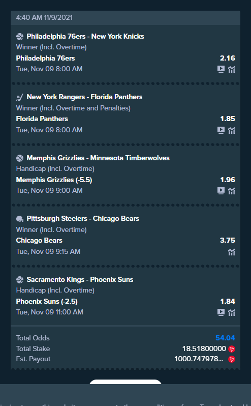 Philadelphia 76ers - New York Knicks
New York Rangers - Florida Panthers
Memphis Grizzlies - Minnesota Timberwolves
Pittsburgh Steelers - Chicago Bears
Sacramento Kings - Phoenix Suns

Bet slip link: https://t.co/07fLLjQl4X https://t.co/KB3PVS1d4H