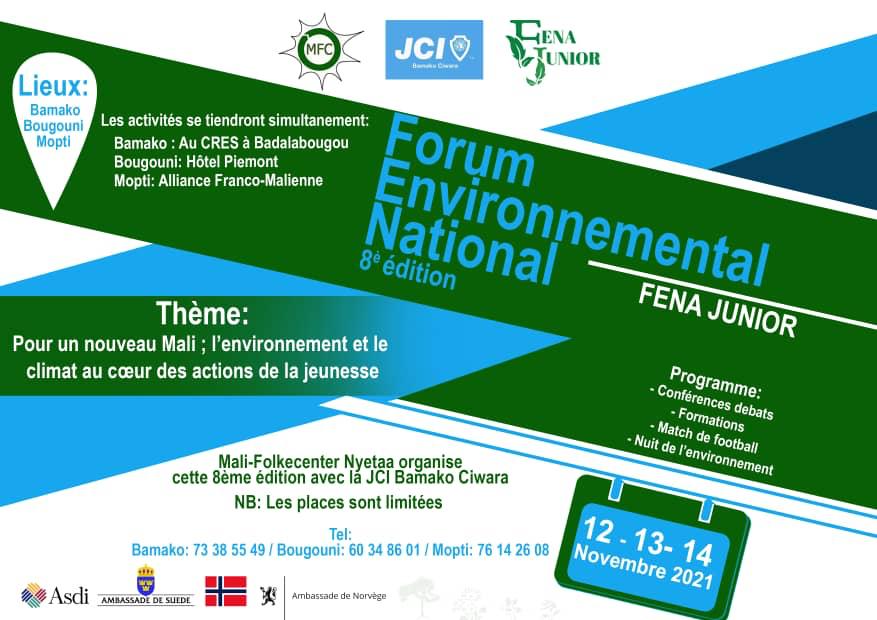 La 8ème édition du forum Environnemental National (Fena Junior) est prévue pour les 12,13 et 14 novembre 2021 à l'Alliance Franco-malienne de Mopti. Le thème du forum est: «pour un nouveau Mali, l'environnement et le climat au cœur des actions de la jeunesse».
#JCIMopti #JCIMali