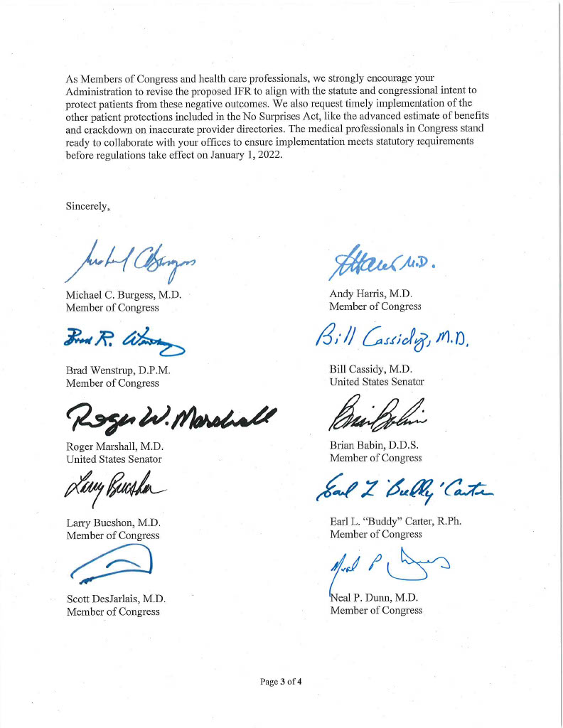 chipkahn's tweet photo. #DoctorsCaucus, pivotal in No Surprises Act, concerned @HHS surprise billing rule does not maintain bipartisan, bicameral agreement on independent IDR. Rule to protect patients instead favors insurers & likely will narrow networks & harm patient access. Read full letter, https://t.co/iD3hStQzeM
