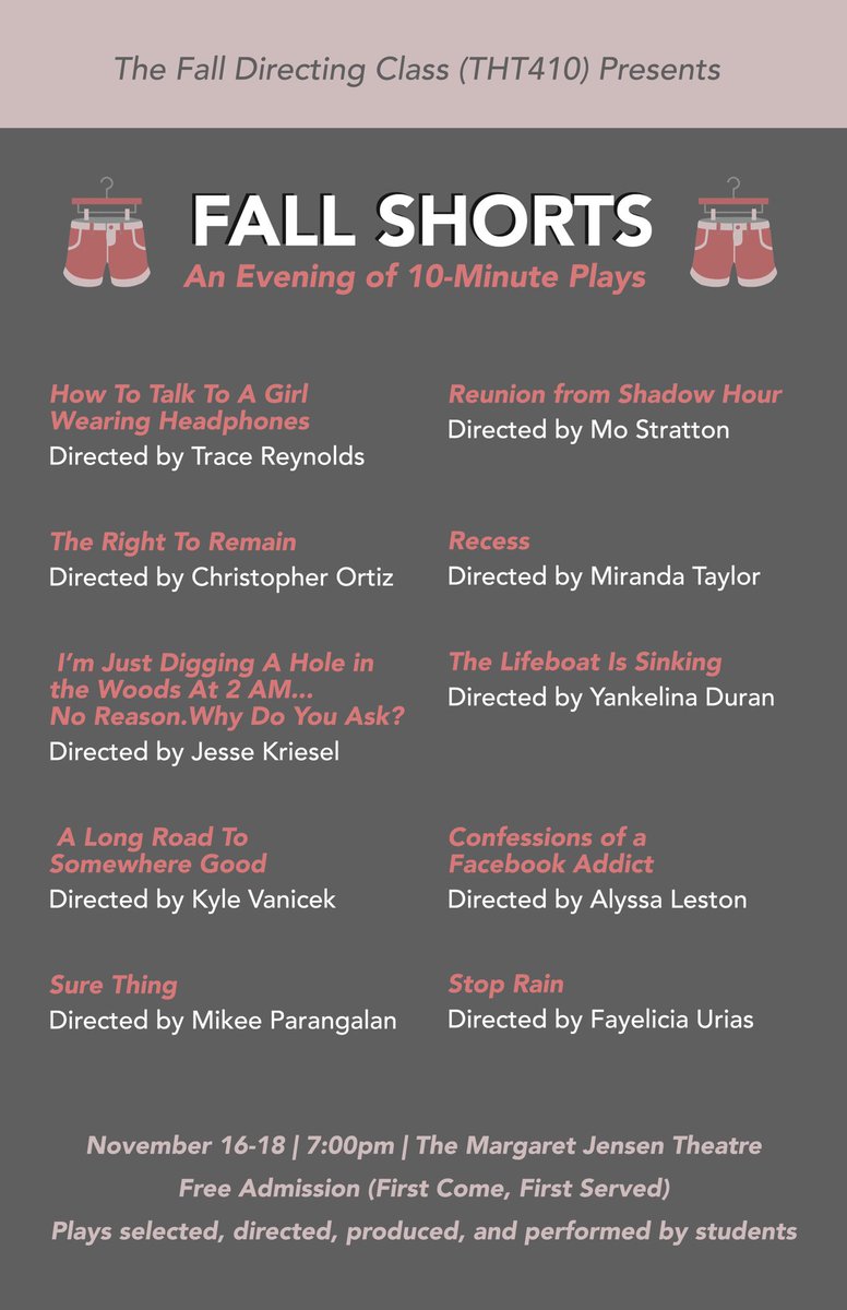 GordonTheatre's tweet photo. Fall Shorts 2021 🩳

November 16-18 | 7pm
The Margaret Jensen Theatre
Free Admission (First Come, First Served) https://t.co/Wm2qlF1tRn