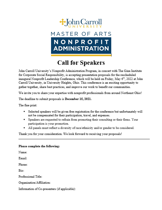 JCUNonprofit's tweet photo. The NPA Program is accepting presentation proposals for the rescheduled Nonprofit Leadership Conference on May 6th, 2022. 

If interested, please contact nonprofit@jcu.edu for an application. We invite you to share your expertise with nonprofit professionals from around NE Ohio! https://t.co/x4nPYNOat3