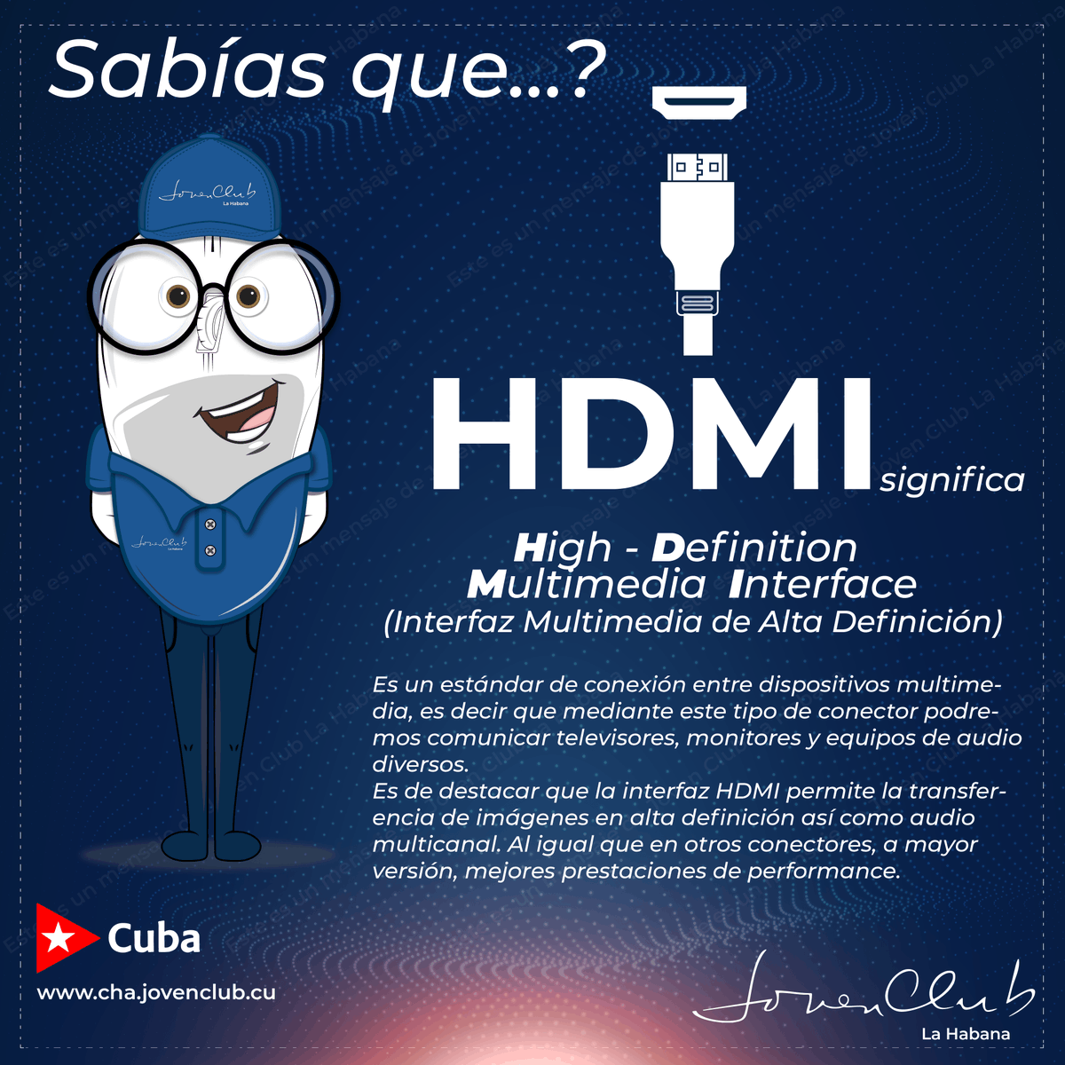JovenClubHabana's tweet photo. Hola amigos 👋🙂
¿Sabes que significa las siglas HDMI? 🤔
Pues #JovenClubLaHabana te lo comenta en su sección de ¿Sabías que..? 💡
Justo donde #JovenClubTeConecta con el conocimiento desde su #RedComunitaria
#JovenClubInformatiza https://t.co/gTLQjBlmnY