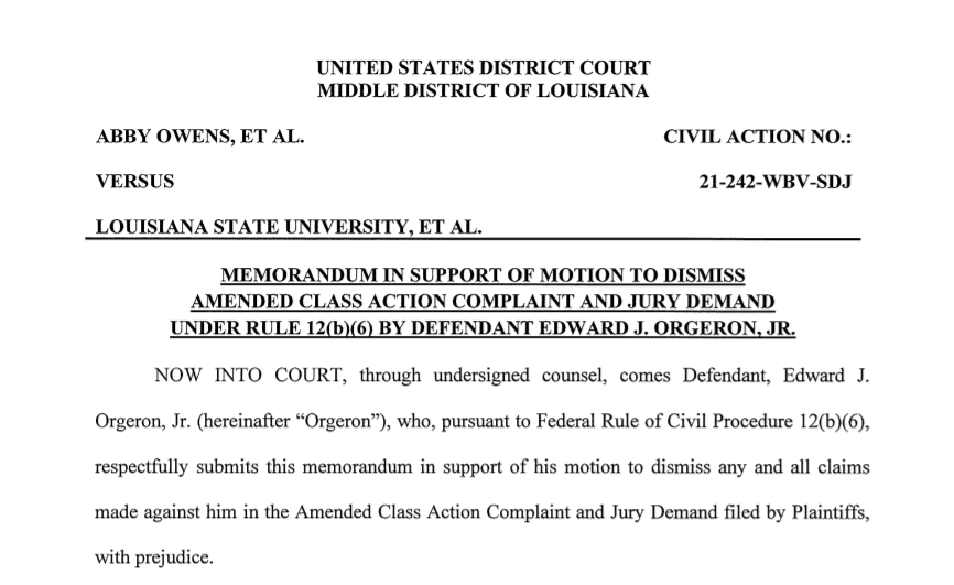 BrodyAMiller's tweet photo. #LSU coach Ed Orgeron's attorneys have filed a motion to dismiss all claims against Orgeron in the Abby Owens lawsuit against LSU by Owens and other victims. 

They call allegations against Orgeron "spaghetti on the wall" and that "none of it has stuck." https://t.co/sya09n3N9z