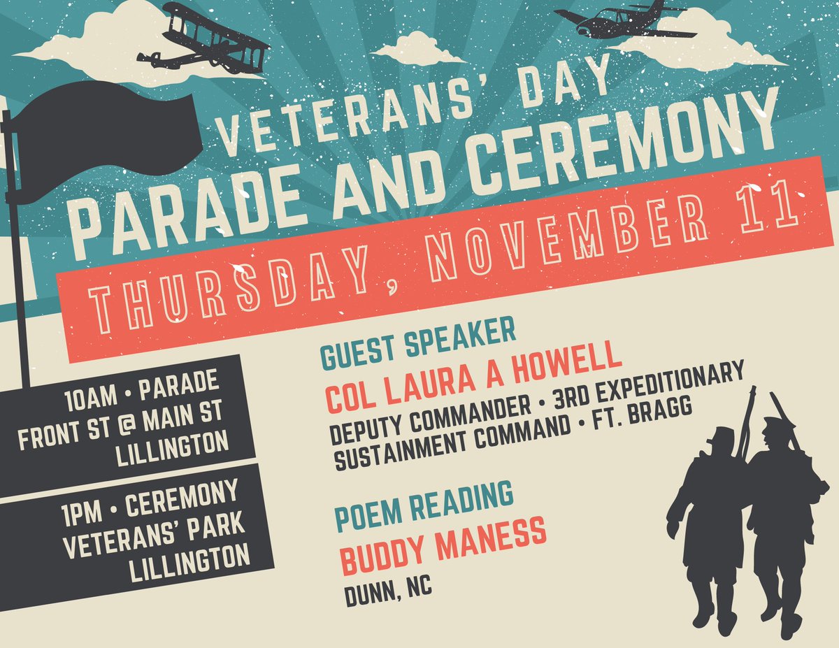 HarnettCounty's tweet photo. Come out and show your support for our veterans this Thursday!
PARADE:  10am in Downtown Lillington
CEREMONY:  1pm at Veterans Park (in front of the Resource Center and Library in Lillington) https://t.co/8xLG2b4vg8