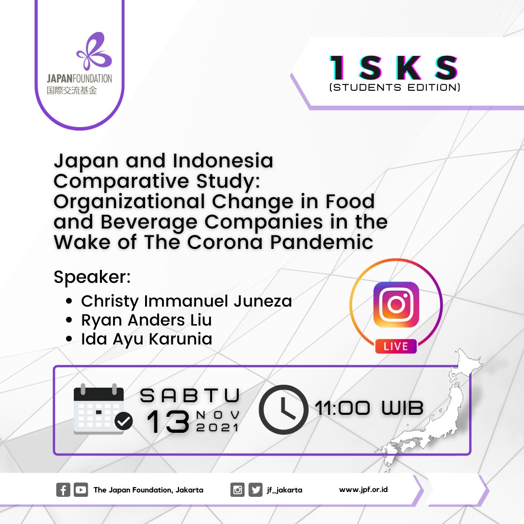 JF_Jakarta's tweet photo. Halo, Sahabat JF!
1SKS Students Edition akan membahas tentang perbedaan kondisi industri makanan dan minuman yang ada di Indonesia dan Jepang, sebelum dan saat pandemi.
Yuk gabung di 1 SKS Students Edition hari Sabtu, 13 November 2021!
#stayathomewithJF
#jfjakarta https://t.co/mLPZeH6AHw