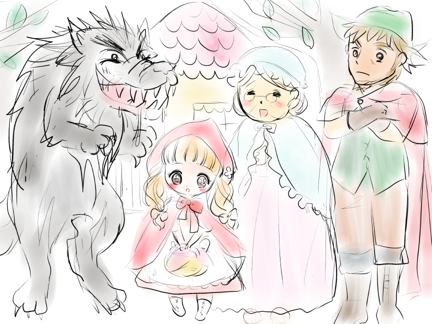 昨日描いた絵です('◇')
恋の魔法とおまじない691-7ラフ、682-8ペン、イラストACさん素材ちびモブ会社員、エホンオウコク様からのご依頼昔話挿絵赤ずきんちゃんキャラ案ラフ 