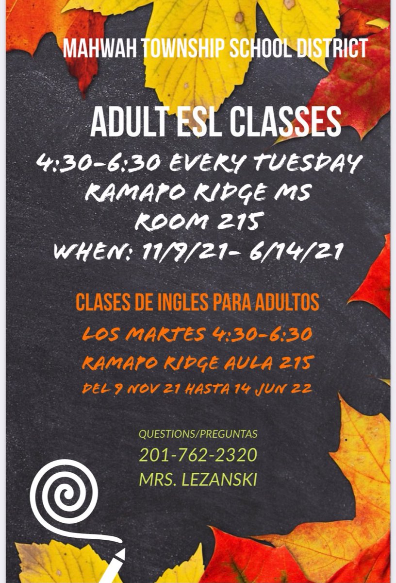 FREE Adult ESL classes start tomorrow 11/9 !! 🌎 🗣📚👏 #mahwahconnects