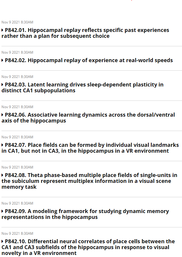 Some really fascinating posters in the discussion section I'll be participating in at #SfN21 tomorrow, 11/9 (assuming we can log in!)
If you're interested in hippocampal dynamics, replay, associative learning, or the evolution of representations, swing by! Sess P842. 630am PST🥱