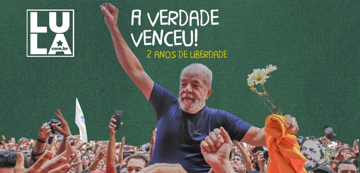 Boa noite, lembrando que hoje completamos 2 anos de Lula Livre! Deitamos a cabeça no travesseiro com tranquilidade que estamos no lado certo da história. #2AnosLulaLivre