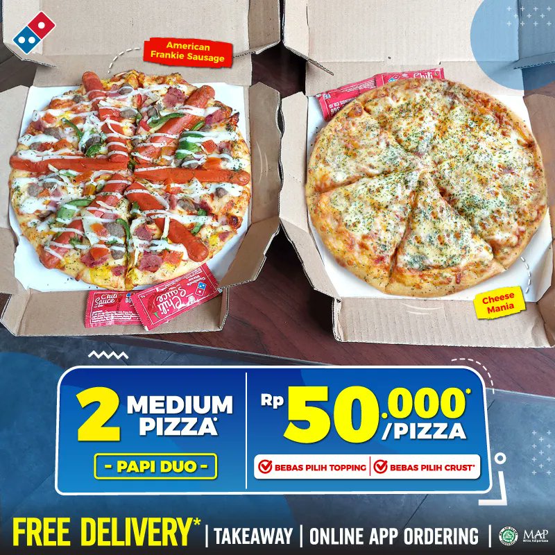 dominos_id's tweet photo. Yang selalu jadi Favorit!! Paket 'PAPI DUO' 2 Medium Pizza apa saja CUMA 50rb/pizza. Hemat s/d 42%.

BEBAS pilih roti , BEBAS pilih topping, &amp; berlaku kelipatan So buruan #orderonline https://t.co/Oy9vosyy8Y #call 1500366 #zerocontacttakeaway #zerocontactdelivery https://t.co/B33y71kueD