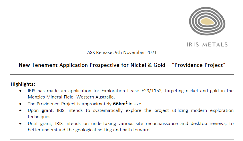 IrisMetals's tweet photo. Providence - provident or prudent management of resources.
Providence Project:
🛩️#IR1 $IR1 - 66km² tenement application  covering  aeromag anomaly in Menzies Mineral Field.
✅Interpreted as being prospective for #nickel and #gold.
✅Near #Kookynie and #Leonora tenure. https://t.co/tuieBeMeF4