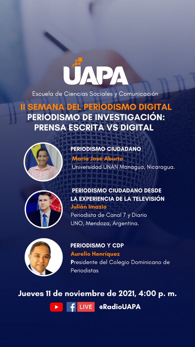 MMariaCabrera's tweet photo. II Semana del Periodismo Digital, con la participación de profesionales de la comunicación y la información periodística.  @Julianimazio @UAPATEINFORMA 
.
#periodismo #PeriodismoDigital #uapaperiodismodigital https://t.co/OXI4ijIqJx